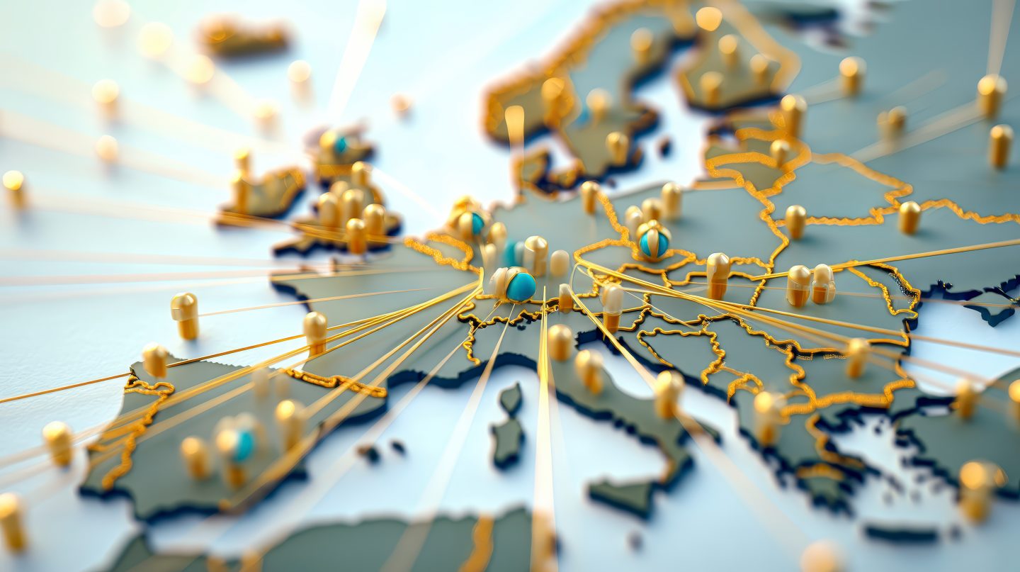 3D illustrated map focusing on Europe with connected lines and pins symbolizing global networking, communication, or trade routes.